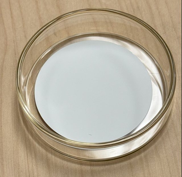 White 47 mm cellulose acetate membrane filter in a glass petri dish before oxygen plasma ashing