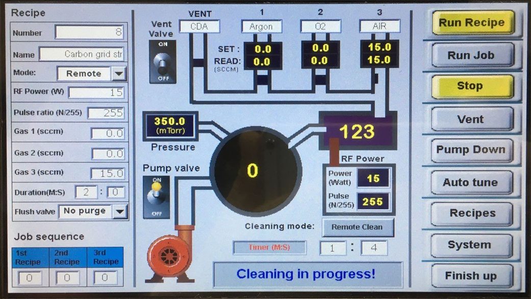 Tergeo-EM touchscreen running the remote-mode room-air recipe for the 20 nm carbon grid, plasma intensity reading 123