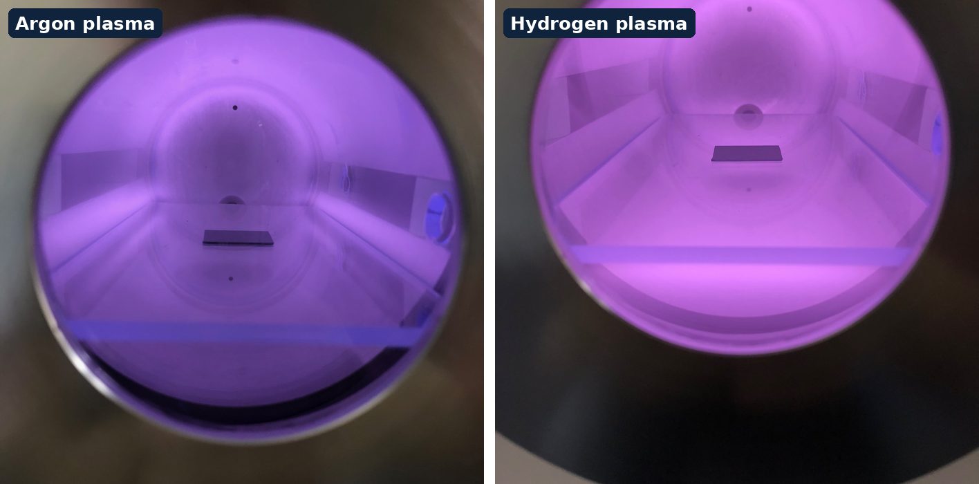 Argon plasma (violet) and hydrogen plasma (magenta) glowing over a metal thin-film coupon in a Tergeo plasma cleaner