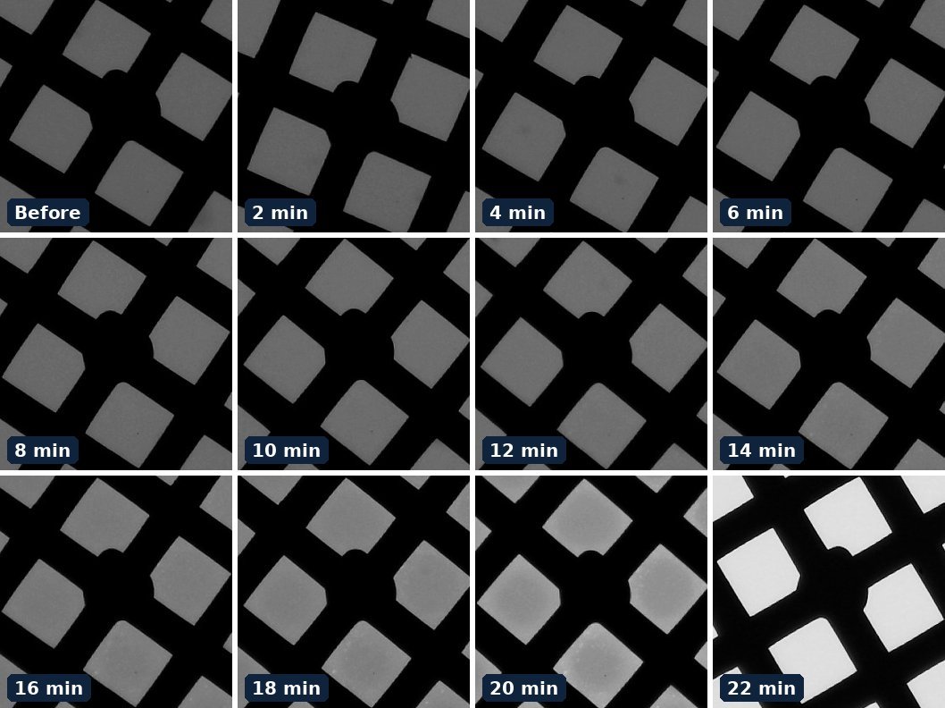Optical transmission images of a 20 nm carbon grid before plasma and after 2 to 22 minutes of downstream room-air plasma