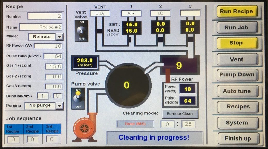 Tergeo-EM touchscreen running the remote-mode pulsed room-air recipe for the 3 nm carbon grid, plasma intensity reading 9