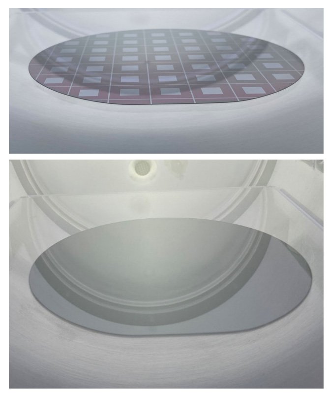 Silicon wafer with photoresist before oxygen plasma stripping and the clean wafer after stripping