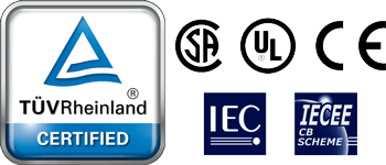 TÜV Rheinland, CSA, UL, CE, IEC and IECEE CB Scheme certification marks