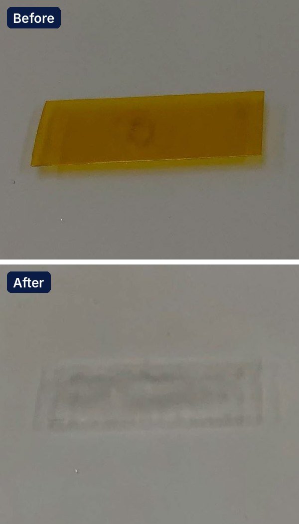 Amber polyimide tape before plasma ashing, and only a faint trace of silicone adhesive left after argon oxygen plasma ashing