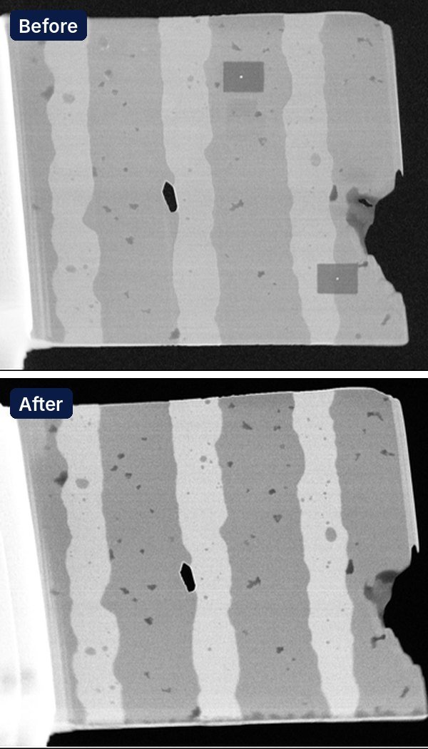 TEM image of a FIB-prepared sample before plasma cleaning with dark rectangular contamination marks, and the same sample after plasma cleaning with the marks removed